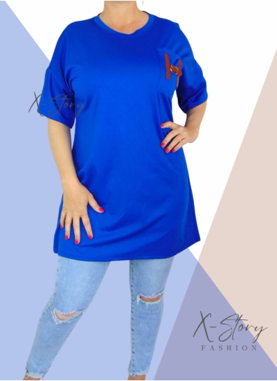 Zsebénél bőrrel díszített, pólótunika (királykék)