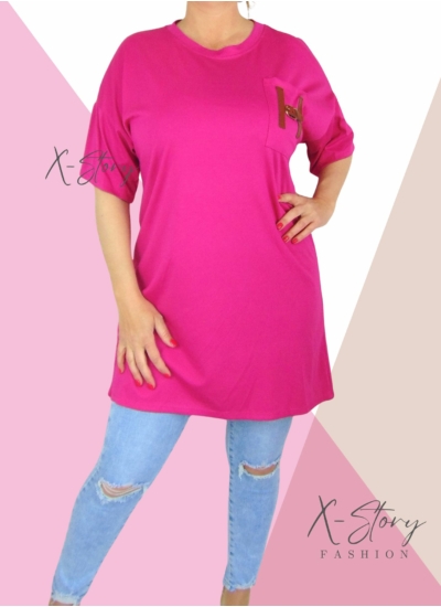 Zsebénél bőrrel díszített, pólótunika (pink)