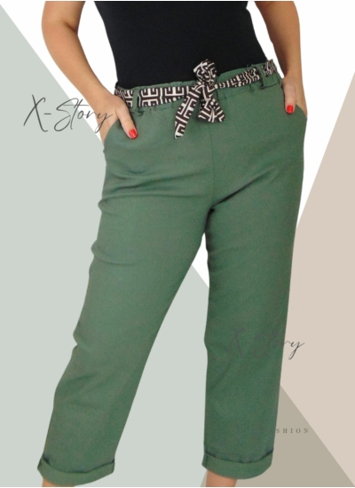 EXTRA méretű gumisderekú nadrág, selyem övvel (khaki zöld)