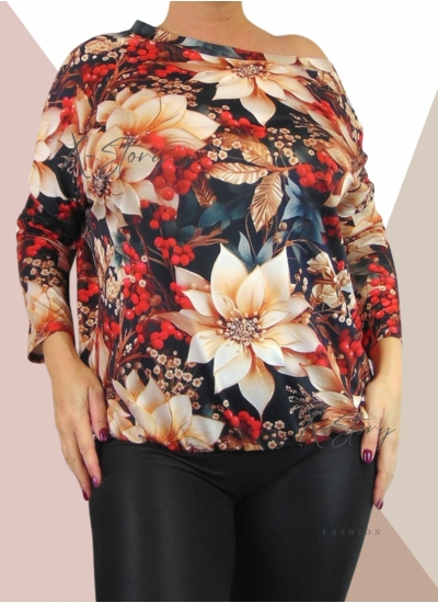  Ejtett vállú, mintás, gumis aljú felső