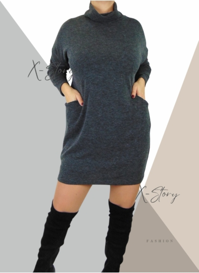 Garbós, elöl zsebes , bő fazonú , vékonykötött pulcsi/ruha (sötétszürke)