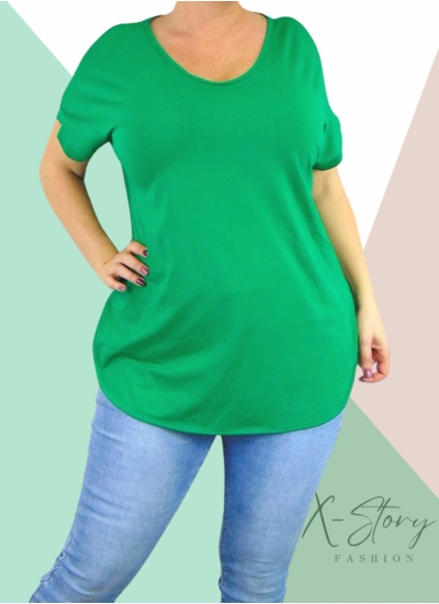 Hátul hosszított, kerekített aljú pamut póló (fűzöld)