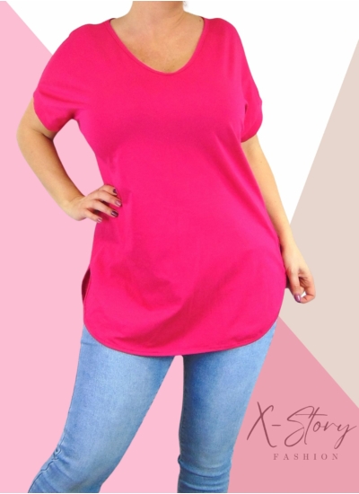 Hátul hosszított, kerekített aljú pamut póló (pink)