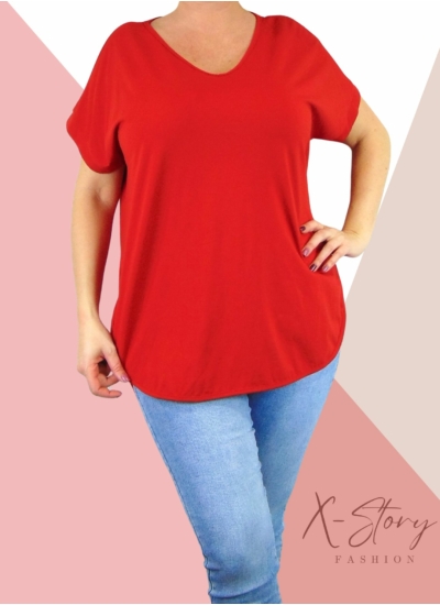 Hátul hosszított, kerekített aljú pamut póló (piros)
