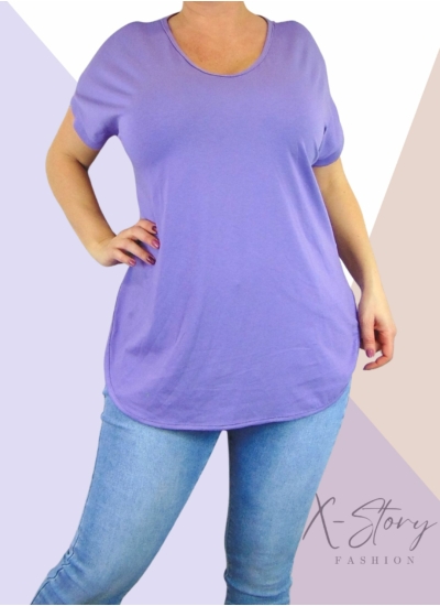 Hátul hosszított, kerekített aljú pamut póló (lila)