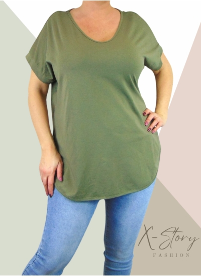 Hátul hosszított, kerekített aljú pamut póló (khaki zöld)