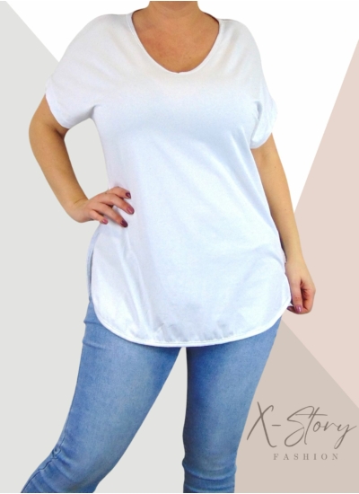 Hátul hosszított, kerekített aljú pamut póló (fehér)