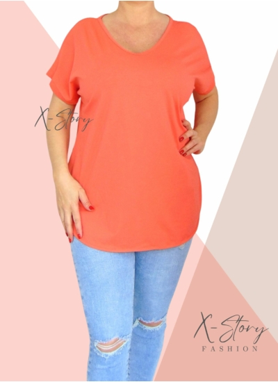 Hátul hosszított, kerekített aljú pamut póló (korall)