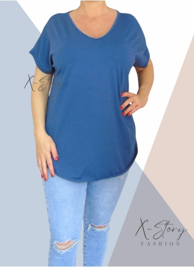 Hátul hosszított, kerekített aljú pamut póló (farmerkék)