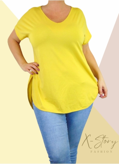 Hátul hosszított, kerekített aljú pamut póló (sárga)