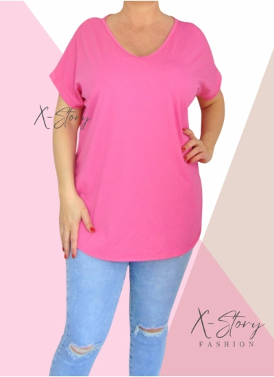 Hátul hosszított, kerekített aljú pamut póló (babarózsaszín)