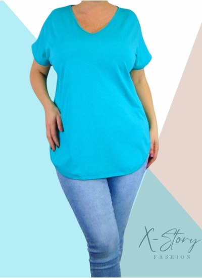 Hátul hosszított, kerekített aljú pamut póló (türkiz)