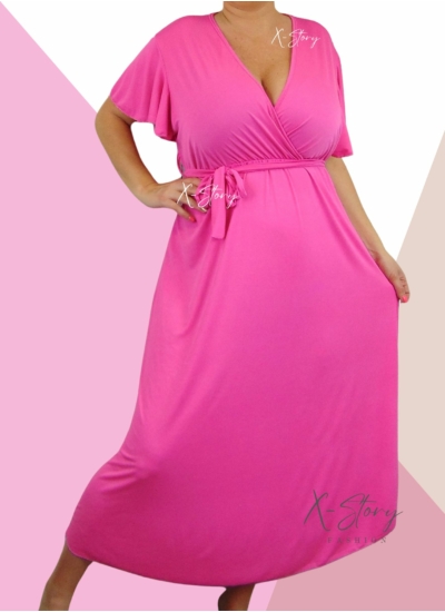 Mellnél átlapolt, derék kötős hosszú ruha (pink)