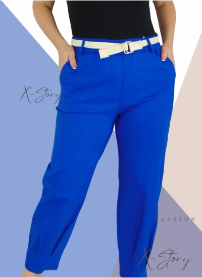 Nagyméretű, húzott aljú sztreccsvászon nadrág , fonott övvel (királykék)