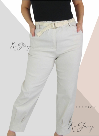 Nagyméretű, húzott aljú sztreccsvászon nadrág , fonott övvel (krém)