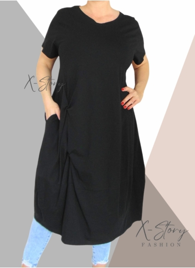 Extra bő fazonú, elöl csavart pamut ruha(fekete)