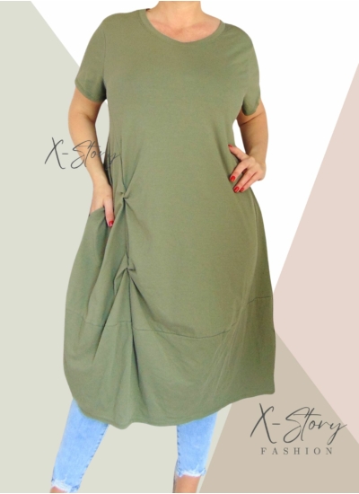 Extra bő fazonú, elöl csavart pamut ruha(khaki)