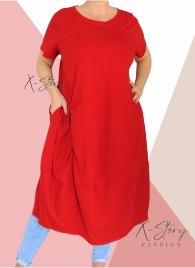 Extra bő fazonú, elöl csavart pamut ruha(piros)