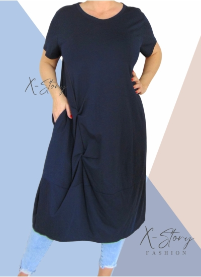 Extra bő fazonú, elöl csavart pamut ruha(sötétkék)