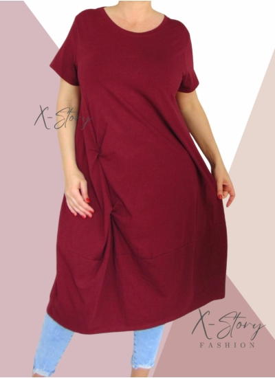 Extra bő fazonú, elöl csavart pamut ruha(bordó)