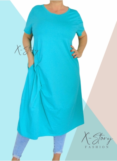 Extra bő fazonú, elöl csavart pamut ruha(türkiz)