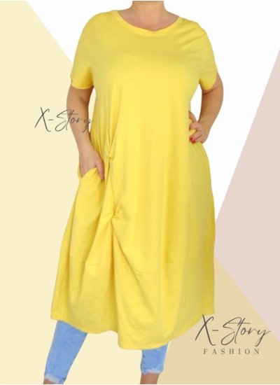 Extra bő fazonú, elöl csavart pamut ruha(sárga)