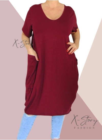 Extra nagyzsebes,hagymafazonú "V" dekoltált pamut ruha (bordó)