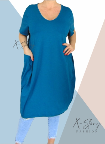 Extra nagyzsebes,hagymafazonú "V" dekoltált pamut ruha (petrol)