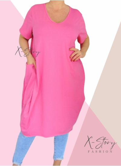 Extra nagyzsebes,hagymafazonú "V" dekoltált pamut ruha (babarózsaszín)