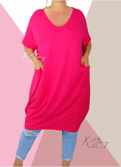 "V" dekoltált, elöl zsebes extra bő fazonú, pamut tunika/ruha (pink)