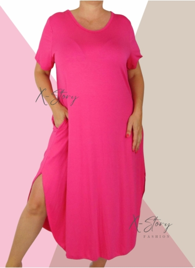 Kerekített aljú , bő fazonú zsebes maxi ruha (pink)