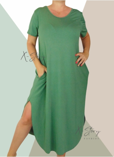 Kerekített aljú , bő fazonú zsebes maxi ruha (khaki)