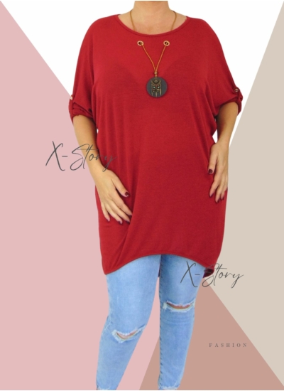 Hátul hosszított , vékonykötött tunika, nyaklánccal (bordó)