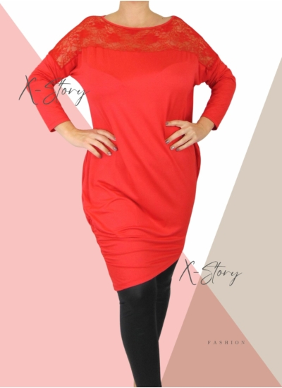 Csipkebetétes, asszimetrikus szabású tunika (piros)