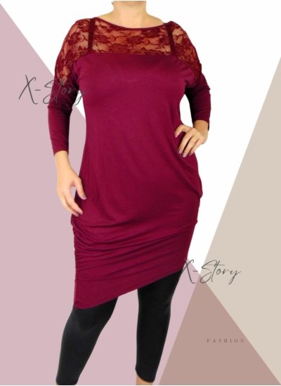 Csipkebetétes, asszimetrikus szabású tunika (bordó)