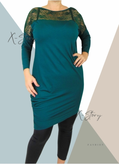 Csipkebetétes, asszimetrikus szabású tunika (méregzöld)