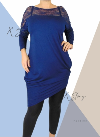 Csipkebetétes, asszimetrikus szabású tunika (kék)