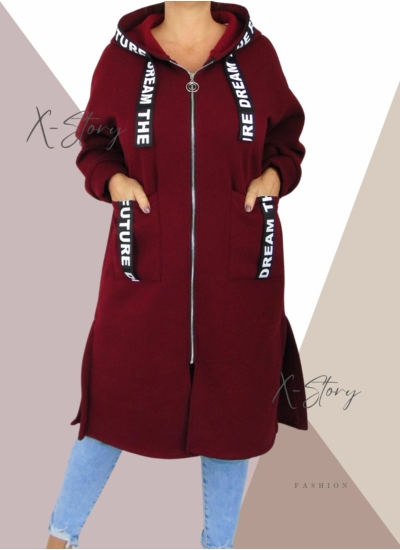 Extra bő fazonú, bolyhos belsejű cipzáros pulcsi (bordó)