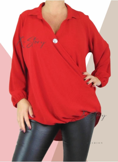 Nagyméretű, átlapolt, muszlin blúz (piros)