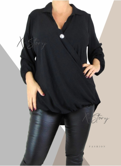 Nagyméretű, átlapolt, muszlin blúz (fekete)