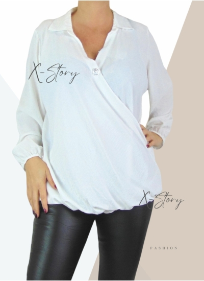 Nagyméretű, átlapolt, muszlin blúz (fehér)