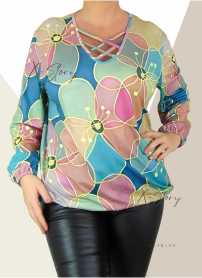 Mellnél pántos, gumisaljú mintás felső