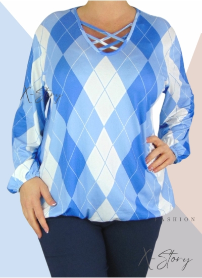 Mellnél pántos, gumisaljú mintás felső