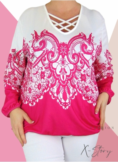 Mellnél pántos, gumisaljú mintás felső