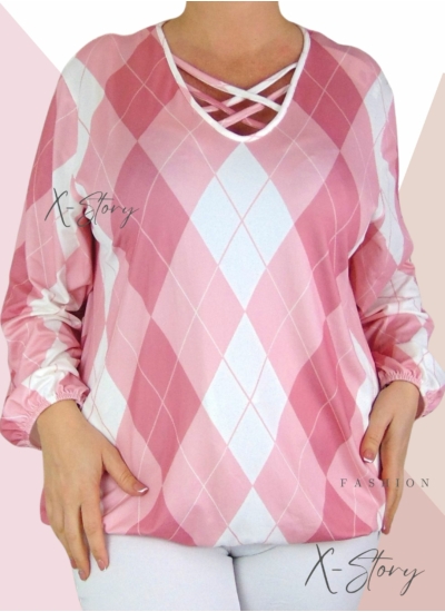 Mellnél pántos, gumisaljú mintás felső