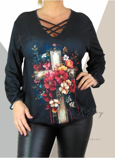 Mellnél pántos, gumisaljú mintás felső