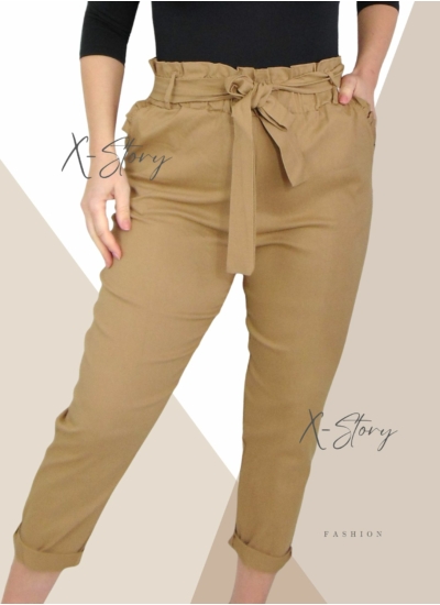 Nagyméretű, masnis derekú sztreccsvászon nadrág (világosbarna)