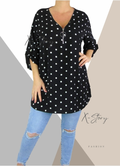 Mellnél cipzáros , pöttyös felső (fekete)