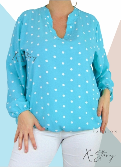 "V" dekoltált , gumis aljú pöttyös blúz (menta)