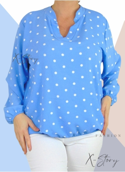 "V" dekoltált , gumis aljú pöttyös blúz (világoskék)